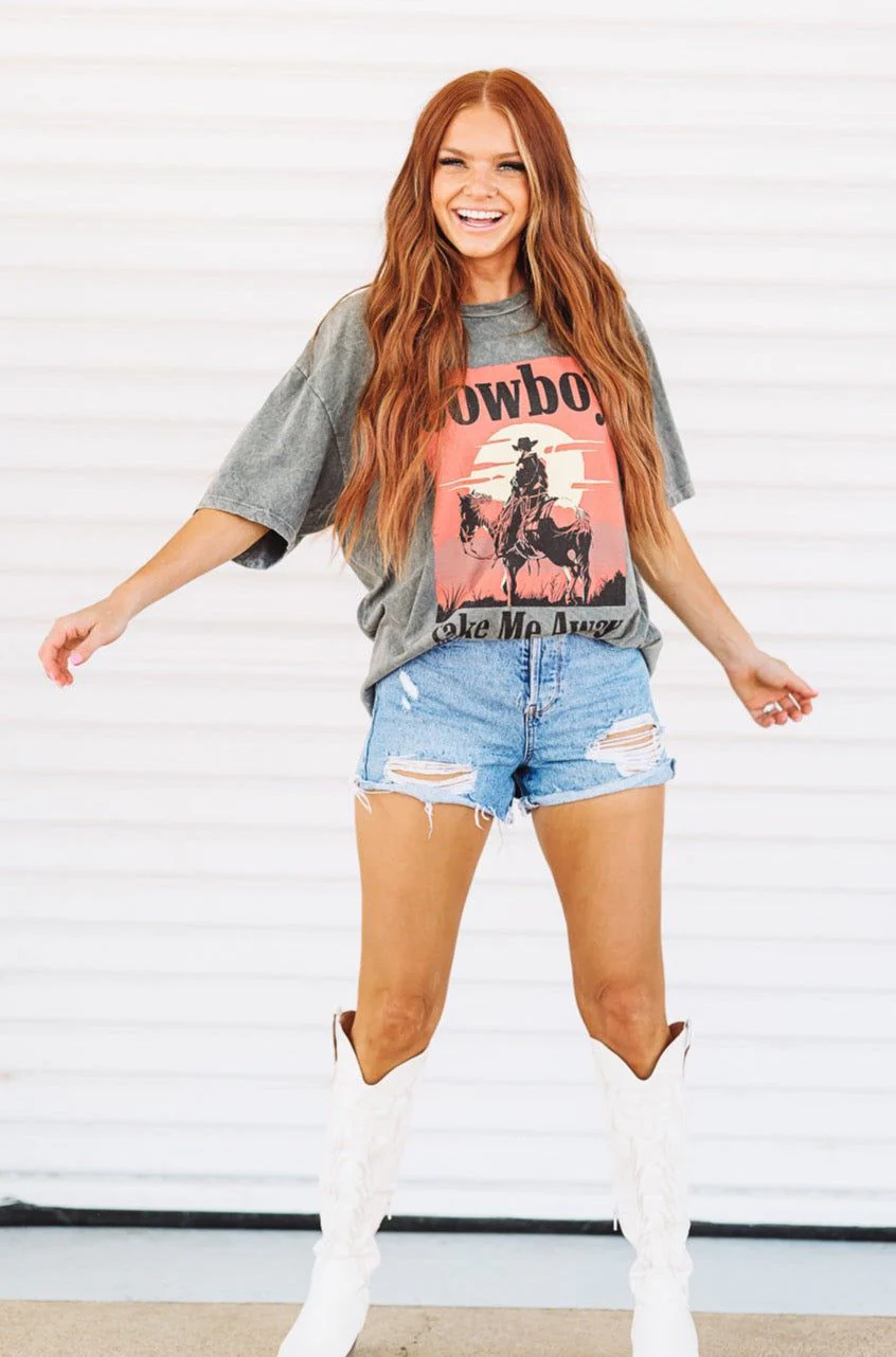 Cowboy Take Me Away Country Graphic Tee - T Shirt Dress - Mineral Wash Gray - Image 3